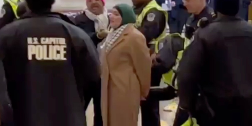 BREAKING - Linda Sarsour, one of America's most vile antisemites, has been arrested in Washington D.C. by Capitol Police after she and dozens of others staged an anti-Israel protest INSIDE the U.S. Capitol building a few hours ago.