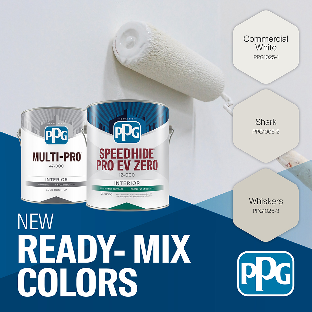 You can rely on batch-to-batch color consistency with PPG paints. Skip the tinting step and save time by choosing one of our ready-mix colors, with expanded options now available in our MULTI PRO® and SPEEDHIDE® PRO EV ZERO products. Contact your PPG rep for more info.