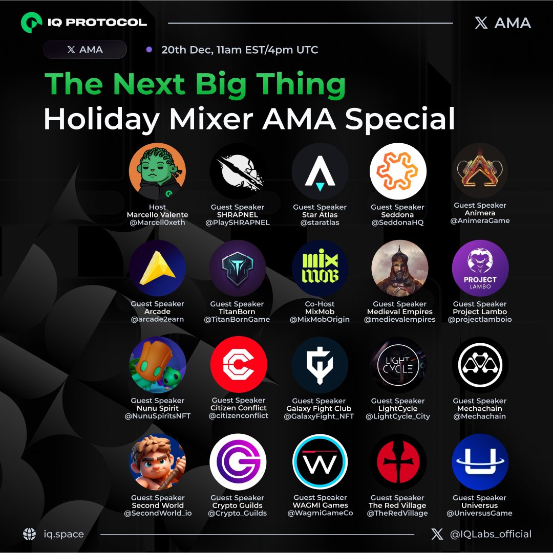 High IQ Event Detected 🧠⚡️

Tune in tomorrow at 11am EST/4pm UTC for our ‘Holiday Mixer AMA Special’ 🎄🎙️

To celebrate our giveaway, we’ll be joined by all our amazing frens that contributed 🎁 

We’ll discuss all things Web3 Gaming, community, and what’s coming for 2024 🚀