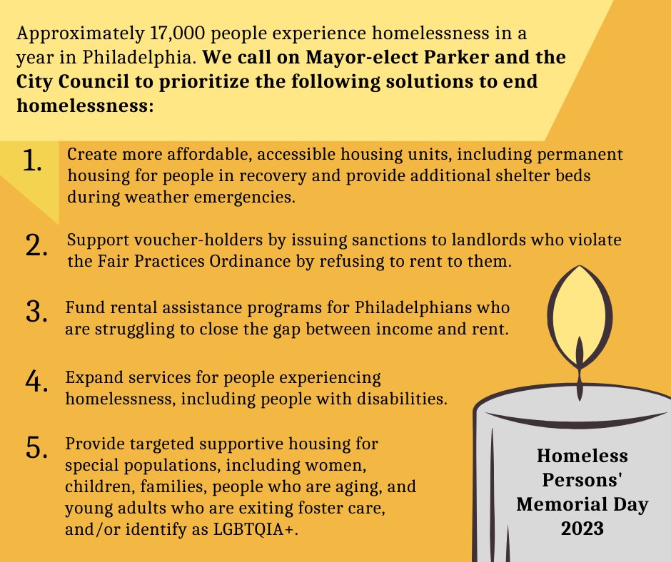 Approximately 17,000 people experience homelessness in a year in Philadelphia.

We call on Mayor-elect Parker and the City Council to prioritize these solutions to end homelessness. 

Use the link below to send a message to our current and future Mayors
bit.ly/3RR6nXM
