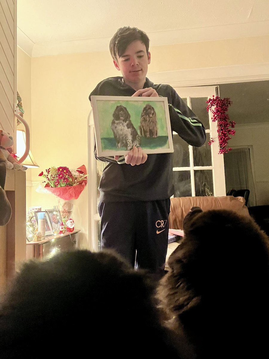 So I got the BEST ever @CTYI Kris Kindle present today. A portrait of Bentley and Abby from @cathyforest from her uncle Paul Woods. The dogs seem to love it @DCU