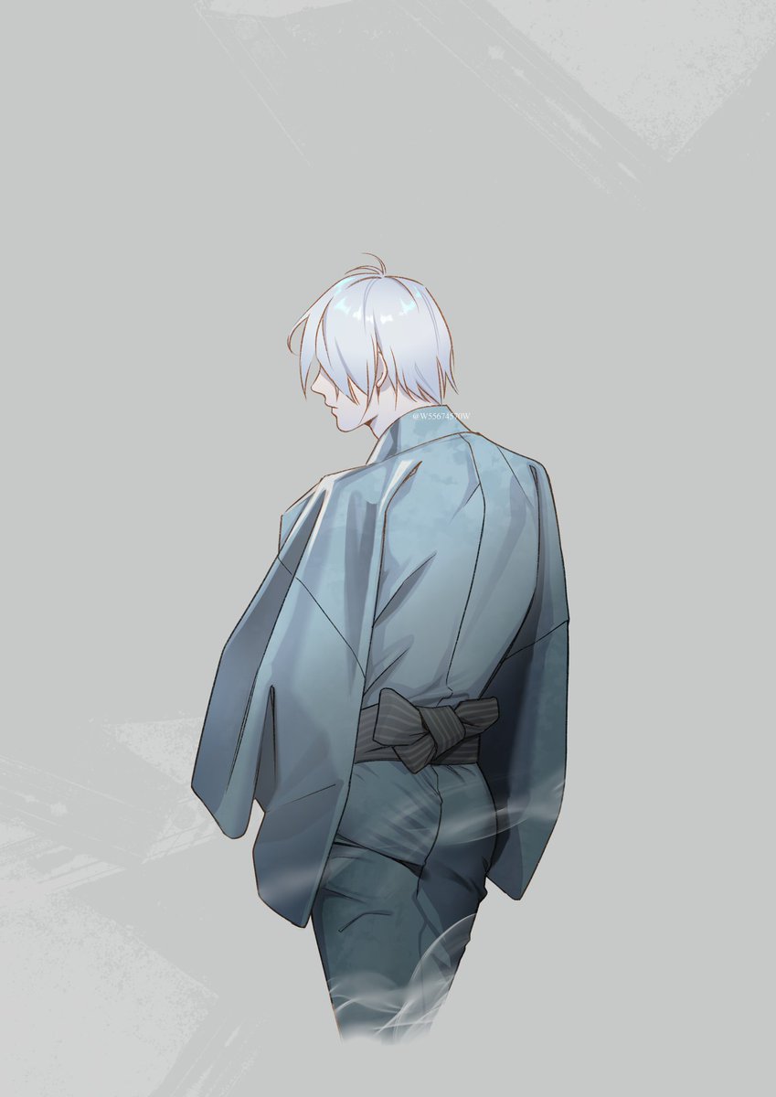 1boy male focus solo japanese clothes kimono simple background from behind  illustration images