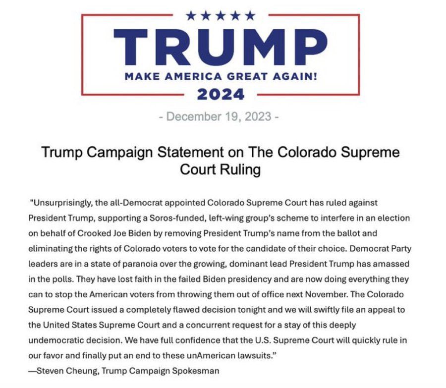 Democrats are scared spitless of Donald Trump. The fascist Colorado Supreme Court made a judgment on fake news propaganda. President Trump did not instigate an insurrection.