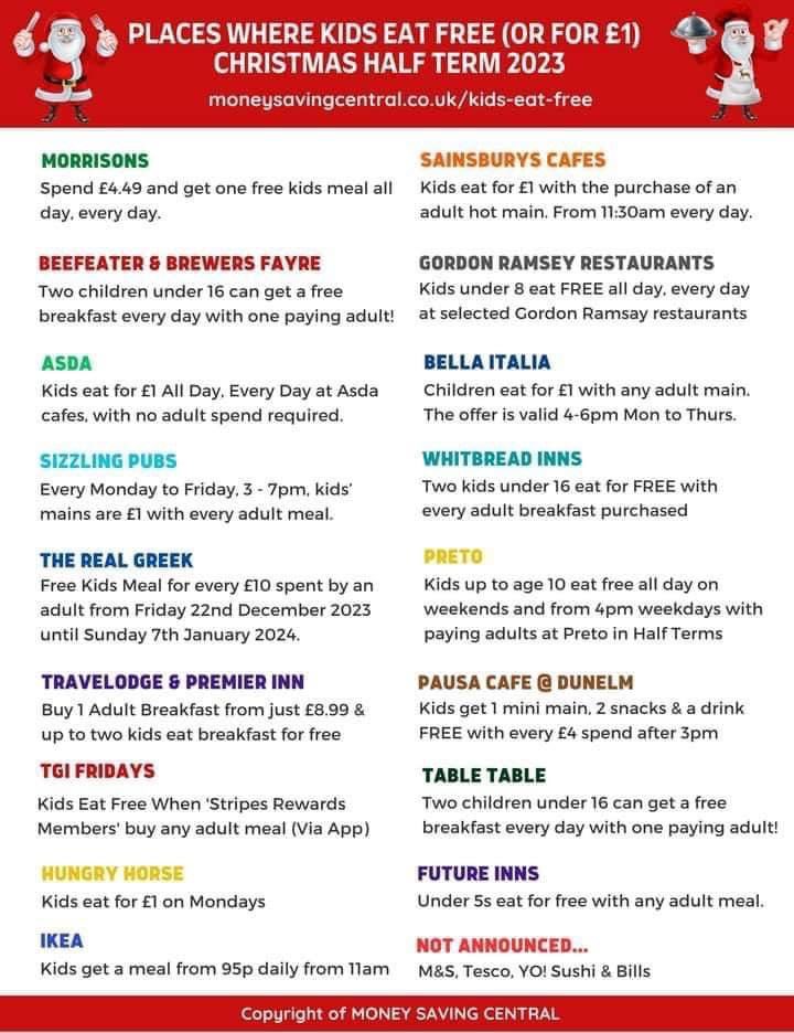 Places where kids eat free, or for £1, during Christmas half term. 🎅🏻🎄🍽️