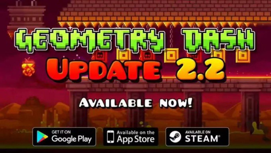 GDReferences's tweet image. The waiting has finally reached an end.. ( ͡° ͜ʖ ͡°)
Geometry Dash Update 2.2 is now Available on Google Play, App Store and Steam.
Steam Release Trailer: youtu.be/LxA4NJMiZ8o?si…
/RubRub