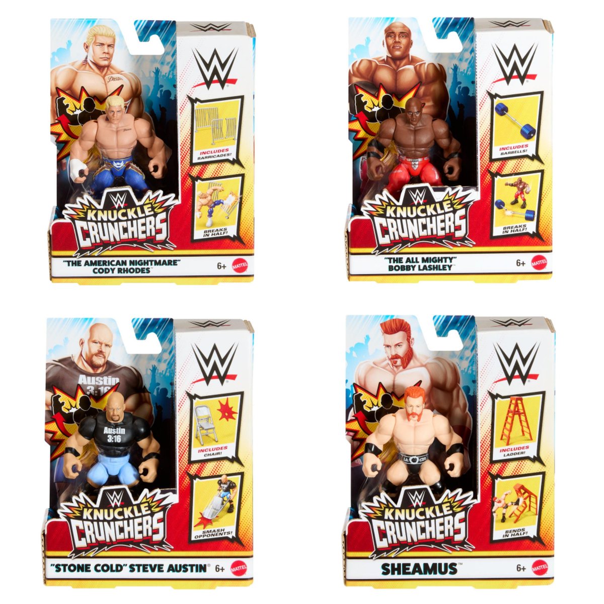 New images of @Mattel's WWE Knuckle Crunchers Wave 2! Each figure features 'crunchable' arms and action accessory! @CodyRhodes @fightbobby @steveaustinBSR @WWESheamus Available spring 2024! #WWEEliteSquad #ScratchThatFigureItch