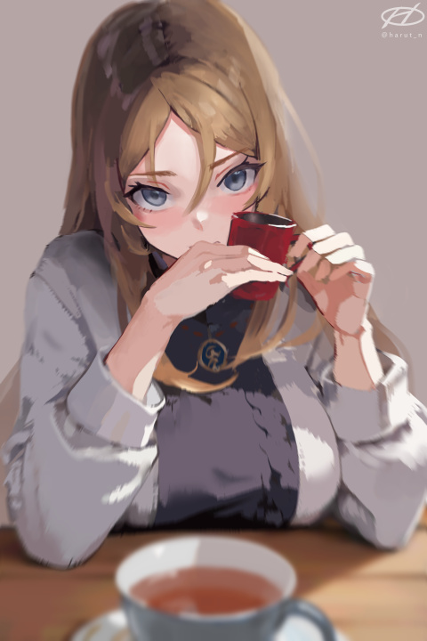 nelson (kancolle) 1girl cup solo long hair blue eyes looking at viewer teacup  illustration images