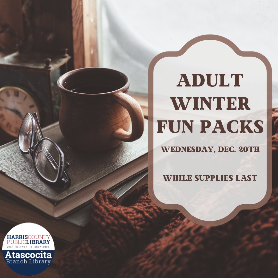 Adults make sure to treat yourselves during the holidays by picking up one of our winter fun packs! We’ll be treating you to a free book and coco bombs, while supplies last. #hcpladults #harriscountypl