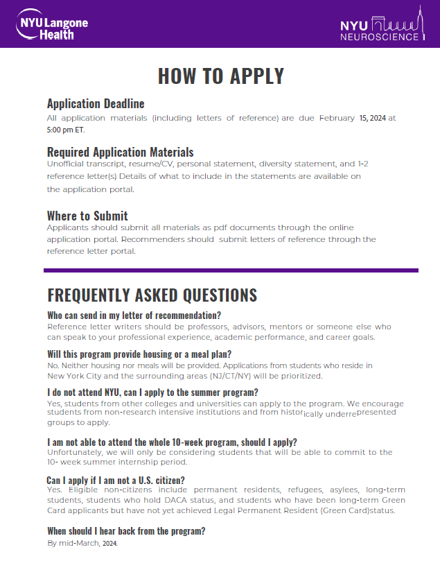 Are you an undergraduate looking to get some lab and research experience - check out details for the <a href="/nyugrossman/">NYU Grossman School of Medicine</a> <a href="/NYULH_Neuro/">Neuroscience at NYU Langone Health</a> program below and through the link.

med.nyu.edu/departments-in…