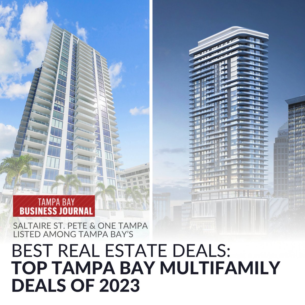 High-quality living reaches new heights as Saltaire St. Pete and One Tampa earn a spot among the best multifamily deals according to TBBJ. A clear testament to luxury living and unbeatable lifestyle experiences!

Click the link below to read more
ow.ly/LzZk50QjOzX