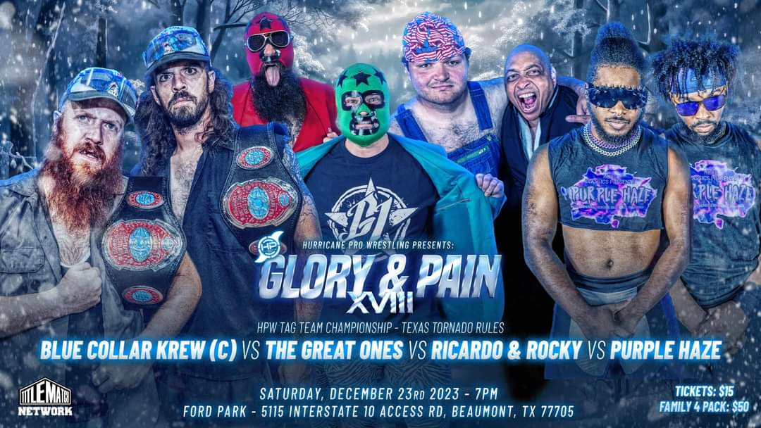 CSyndel's tweet photo. This Saturday for @HurricanePro1 it's Glory &amp; Pain, and that is exactly what we are gonna deliver.  #glory #pain #bluecollar #krew #tagteam #wrestling https://t.co/OJhzp7yyxx