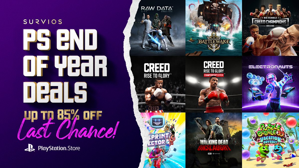 Last chance to get your hands on all the PlayStation deals for all your favorite Survios games. Enjoy up to 85% off on ALL of our titles at the PlayStation store for a limited time only 🎉 For more info on our games, visit survios.com/games