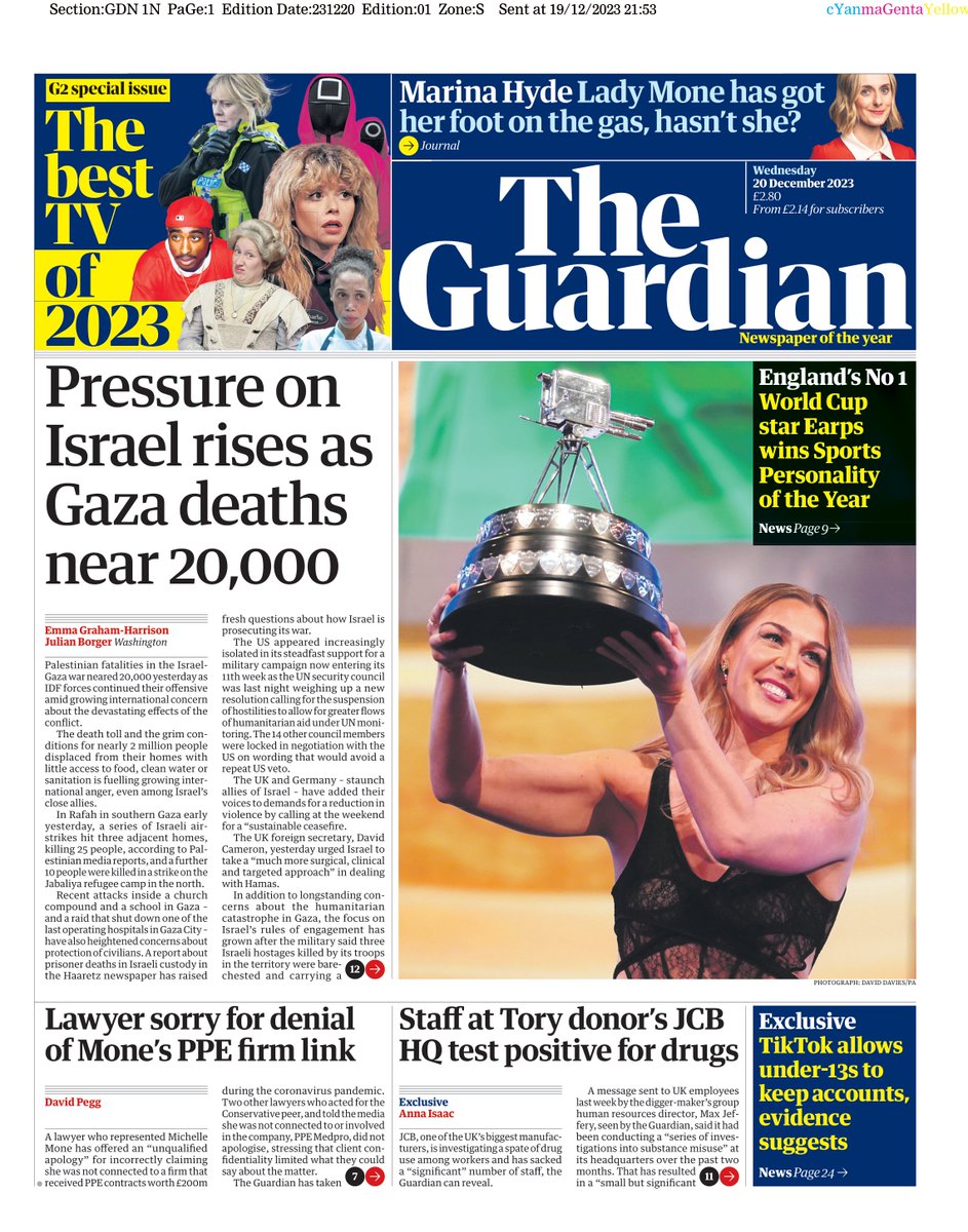 The Guardian: Pressure on Israel rises as Gaza deaths near 20,000 #TomorrowsPapersToday