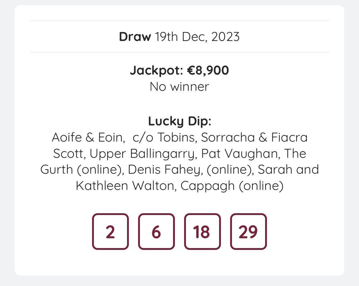 ⭐️Lotto results- 19th December 2023⭐️ No winner on the night! Well done to the Lucky Dip winners🤩 Jackpot next week €9,100💰