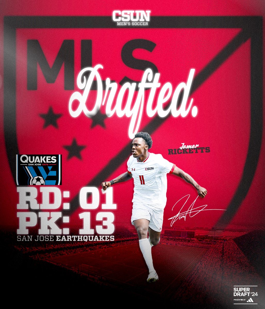 CSUN Men's Soccer (@csunmenssoccer) on Twitter photo Dreams become reality.
With the 13th overall pick in the 2024 <a href="/MLS/">Major League Soccer</a> SuperDraft, the <a href="/SJEarthquakes/">San Jose Earthquakes</a> select Jamar Ricketts.
#GoMatadors x <a href="/jamar_ricketts/">Jamar</a> Dreams become reality.
With the 13th overall pick in the 2024 <a href="/MLS/">Major League Soccer</a> SuperDraft, the <a href="/SJEarthquakes/">San Jose Earthquakes</a> select Jamar Ricketts.
#GoMatadors x <a href="/jamar_ricketts/">Jamar</a>