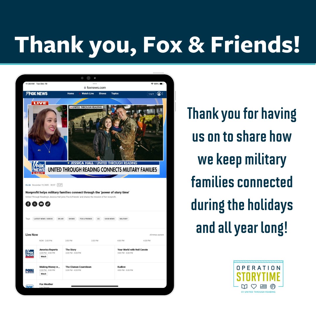United Through Reading (@utr4military) on Twitter photo Thank you for having us this morning as part of your 12 Days of Giving @carleyshimkus and <a href="/foxandfriends/">FOX & Friends</a>! We appreciate you encouraging your viewers to support us. Just $25 helps one military family this holiday season! UTR.org/Fox #betterwithfriends Thank you for having us this morning as part of your 12 Days of Giving @carleyshimkus and <a href="/foxandfriends/">FOX & Friends</a>! We appreciate you encouraging your viewers to support us. Just $25 helps one military family this holiday season! UTR.org/Fox #betterwithfriends