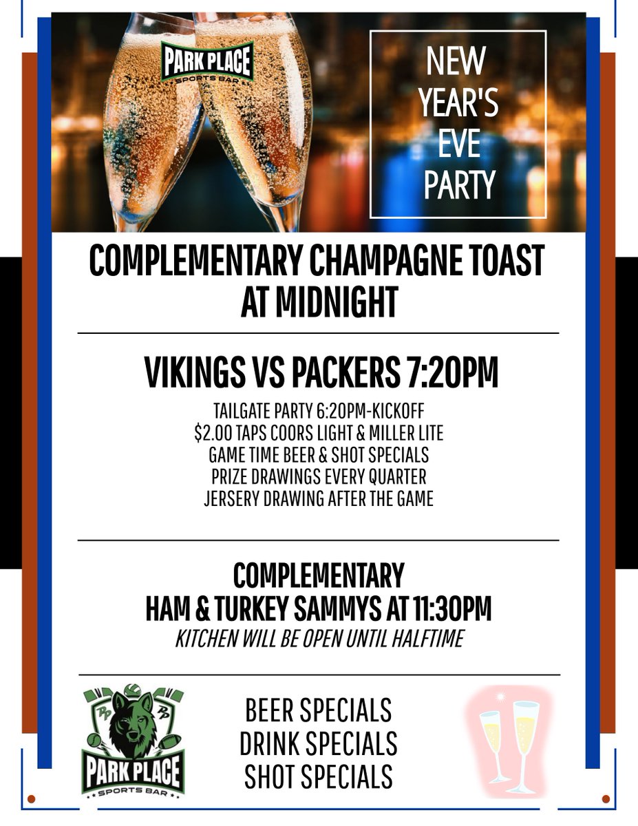 ����🥂 Kick-off your NYE with Vikings vs Packers at 7:20pm! 🏈 Get ready for FREE Ham & Turkey sammys at 11:30pm 🥪🎉. Welcome 2022 with complimentary champagne 🥂 at midnight. Don't miss our beer, drink and shot specials! See you there! #NYEParty #Goodbye2021'