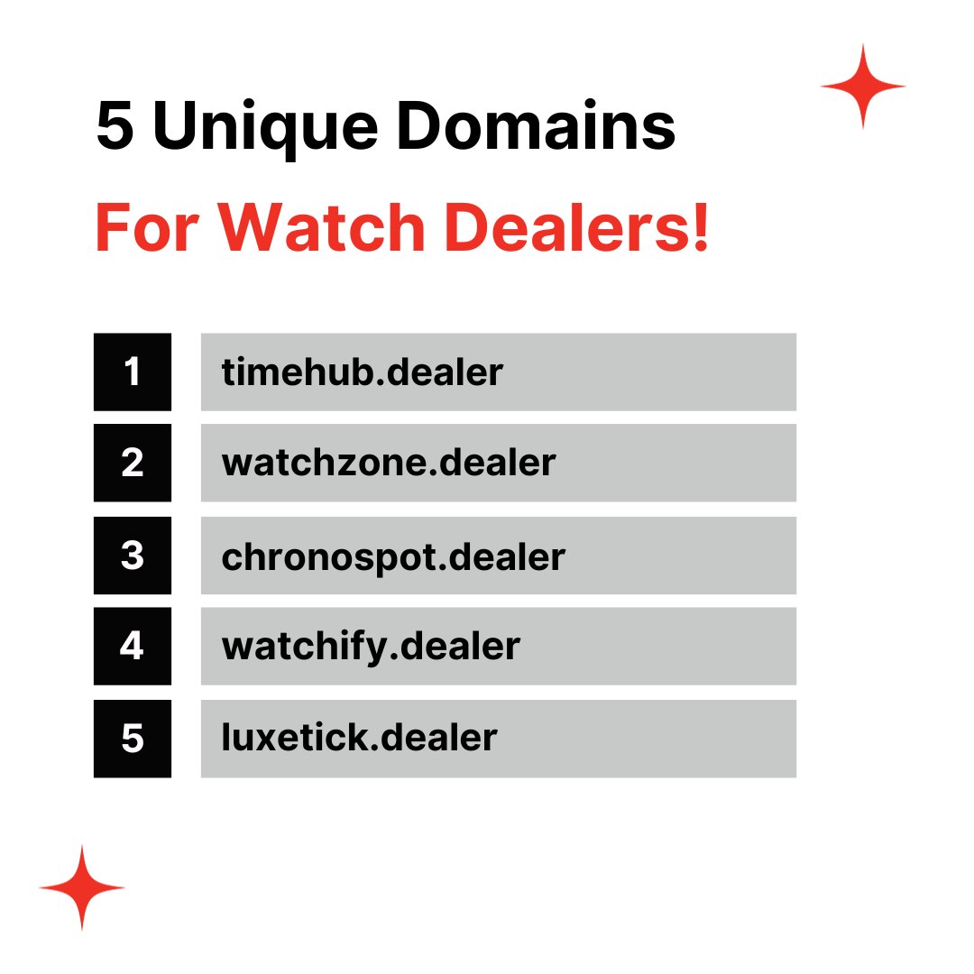 📣Calling all Watch dealers! These 5 unique .dealer domains are here to elevate your online presence and boost your business to new heights!

📍Grab your .DEALER domain now and redefine your success! 💼

#watchdealer #dealer #domain #domainsforsale #domaining