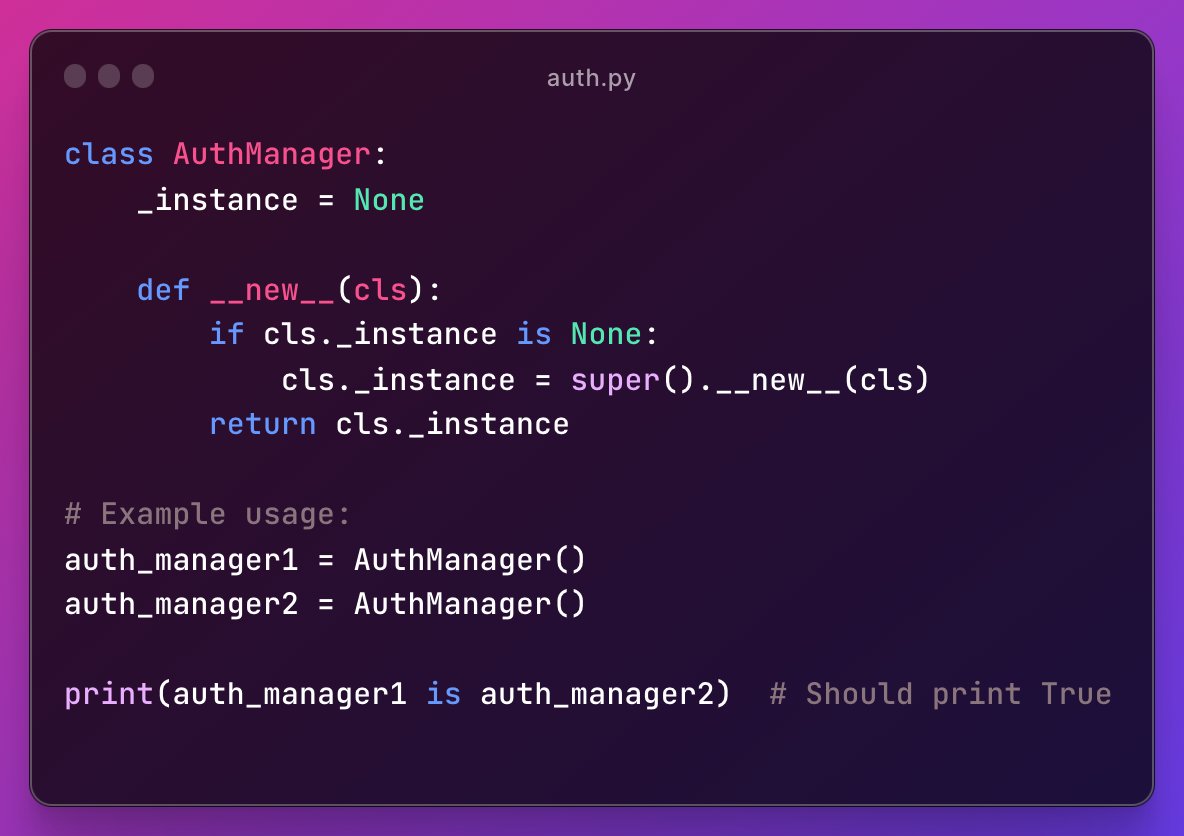 TandanBhaumik's tweet image. Added Singleton Design Patterns in my GitHub repo! 🚀 Discover Python code for single instances. Singleton Pattern ensures one instance and global access. Explore here: [github.com/Bhaumik-Tandan…] #SingletonDesignPattern #PythonCoding #SoftwareDesign