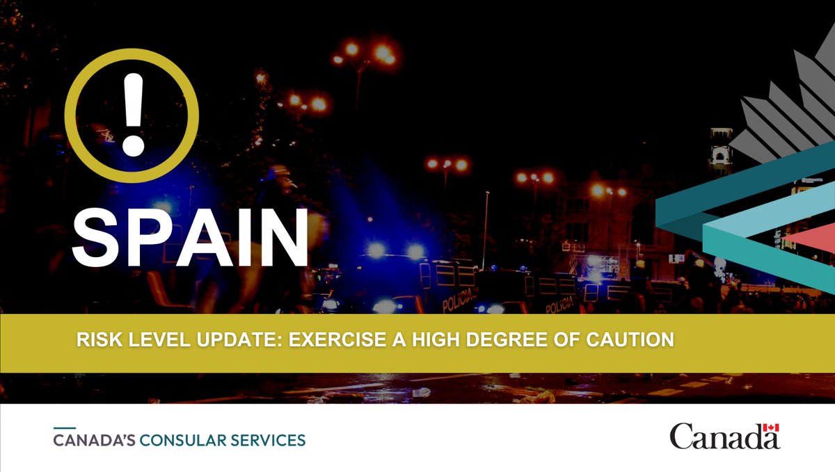 We have changed the risk level for #Spain to “Exercise a high degree of caution” due to the threat of terrorism. For more advice, visit: travel.gc.ca/destinations/s…