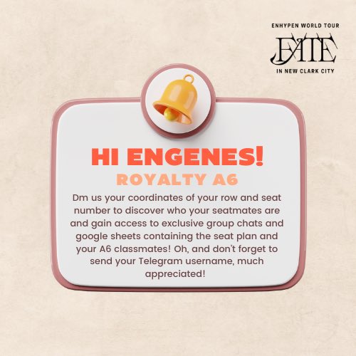 NIKEUMII's tweet image. 1, 2 — connect! 🎤

CALLING ALL A6 ROYALTIES ‼️‼️

This is your A6 co-royalty, Keu, presenting the plan: “Connecting the A6 Royalties." 🫂 Please see the Photos for more details! 🔗 ✨

🏷️ Seatmate Section Finder Seated Enhypen Fate tour #ENHYPEN_IN_NEWCLARKCITY #ENHYPEN_IN_NCC