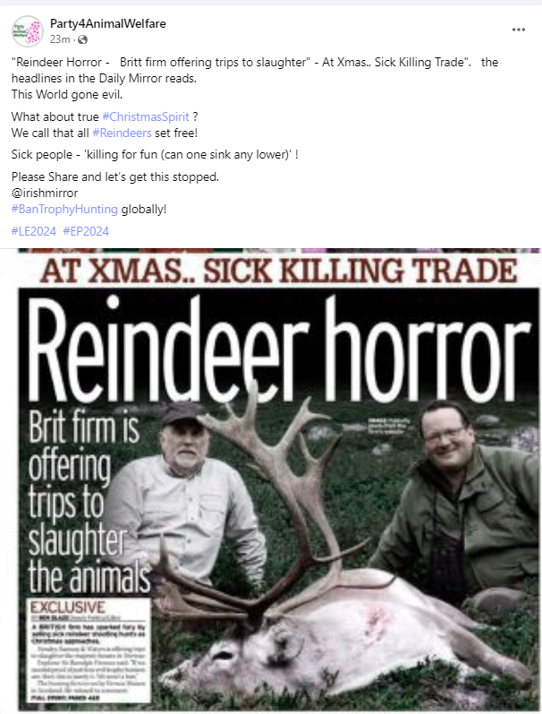 AnimalPartyIE's tweet image. "Reindeer Horror -   Britt firm offering trips to slaughter" - At Xmas.. Sick Killing Trade".   the headlines in the Daily Mirror reads.
This World gone evil.
We call that all #Reindeers set free!
Sick people - 'killing for fun (can one sink any lower)' !
RT!
#LE2024 #EP2024
