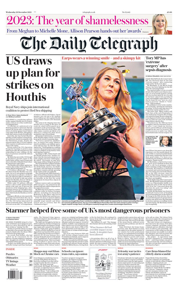 The Daily Telegraph US draws up plan for strikes on Houthis #TomorrowsPapersToday