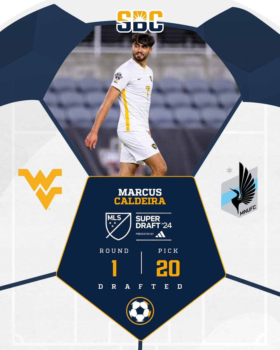 𝗠𝗔𝗗𝗘 𝗛𝗜𝗦 𝗠𝗔𝗥𝗞. Marcus Caldeira of @WVUMensSoccer is #SunBeltMSOC’s second first round pick. Caldeira was tied for the team lead and 16th in the country with 12 goals in 2023 while adding three assists. ☀️⚽