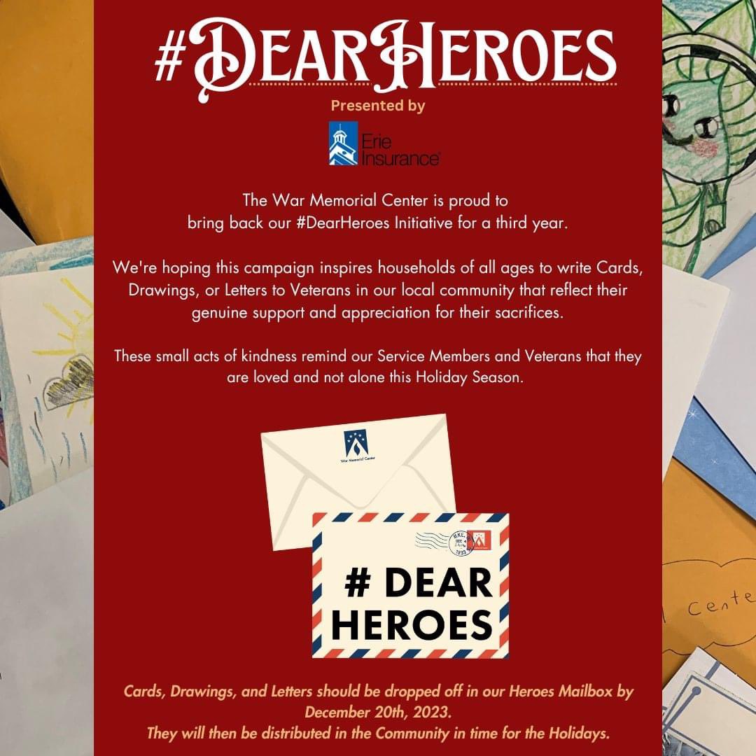 One more day to deliver your #DearHeroes letters! We're asking the community to help lift the spirits of local veterans by dropping off cards, letters & drawings in our Veterans Gallery mailbox by Dec. 20 to be distributed before Christmas.
