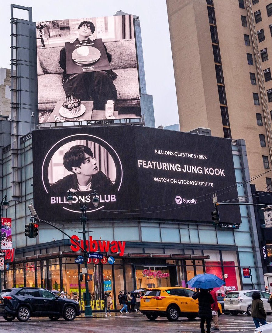 Billboard in New York with Jungkook’s Spotify plaque for ‘Seven’ — the fastest song to reach 1 billion streams in Spotify history.