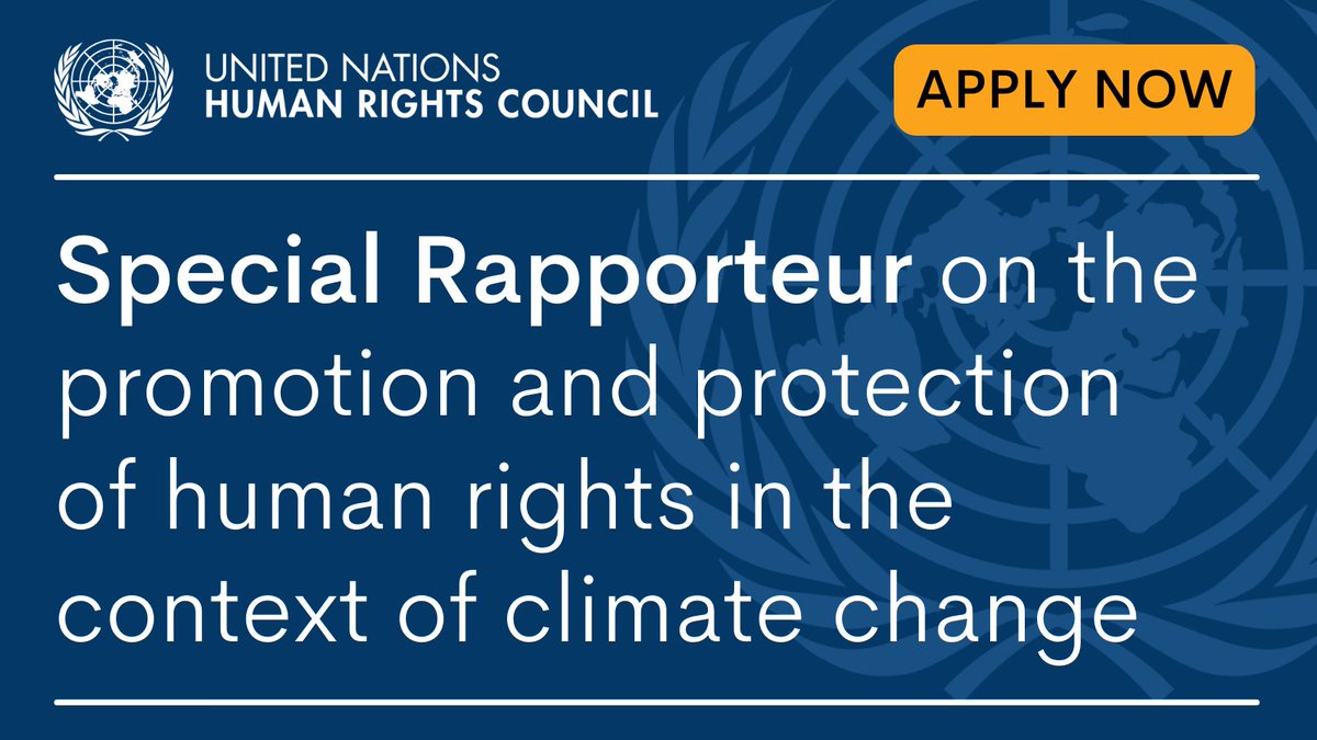 📢CALL FOR APPLICATIONS

Special Rapporteur on the promotion &amp; protection of human rights in the context of #climatechange

🔴DEADLINE: 19 January 2024

The appointment is set to be made at the 55th session of the Human Rights Council (April 2024)

APPLY ➔ohchr.org/en/hr-bodies/h…