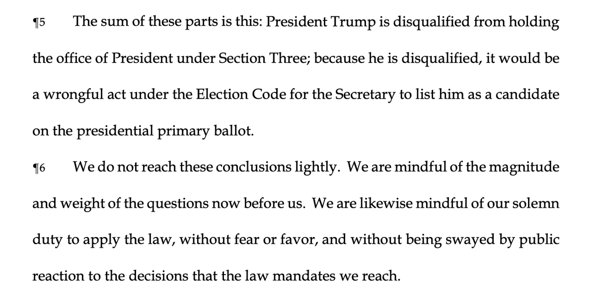 BREAKING: The Colorado Supreme Court holds, 4-3, that Trump 'is disqualified' to be president under the Fourteenth Amendment, and 'it would be a wrongful act' for him to be listed on the Colorado presidential primary ballot. More to come at Law Dork: lawdork.com