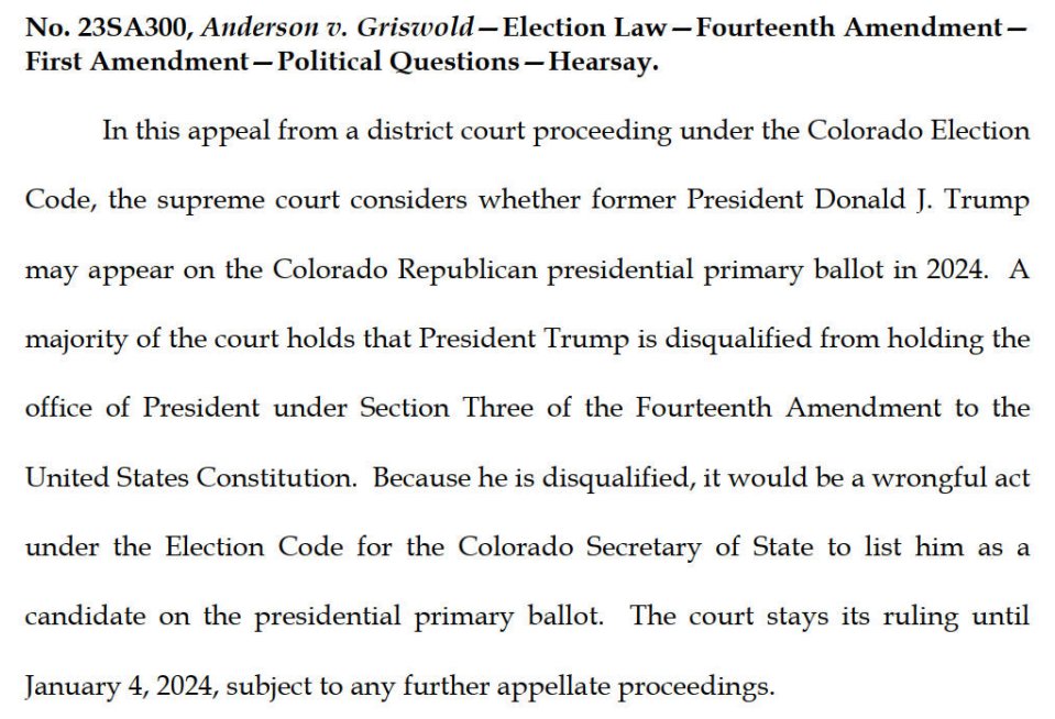 Colorado Supreme Court says: 'President Trump is disqualified from holding office of the President under Section Three of the Fourteenth Amendment.'