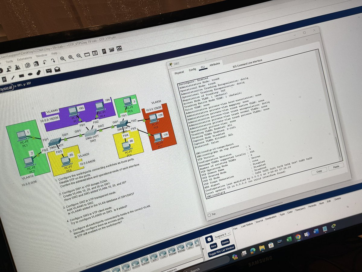teoespero's tweet image. Let’s do a bit of VTP and DTP practice on some Cisco switches…

#cisco #wearecisco #learningatcisco #ciscolearningnetwork #cisconetworking #sysadmin #networkengineer #networkengineering 

@cisco @learningatcisco @wearecisco @ciscoinsider
