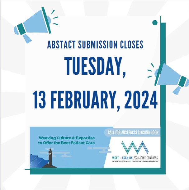 Submit your papers by 13 February 2024 and get your research noticed during the Joint Congress! We welcome any submissions for ostomy, wound, continence research, or general enterostomal care. ✨ wcet-ascnuk2024.com/abstract-submi…