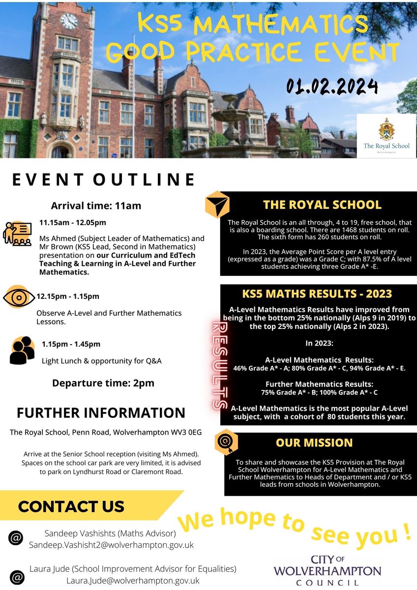 AminaAhmed25's tweet image. In partnership with @TheRoyalSchool, the Education Excellence Team are pleased to host a KS5 Maths good practice event on Thursday 1 February 2024.
To request a place at the event, please complete the form forms.office.com/pages/response…
Limit of 2 visitors per setting.