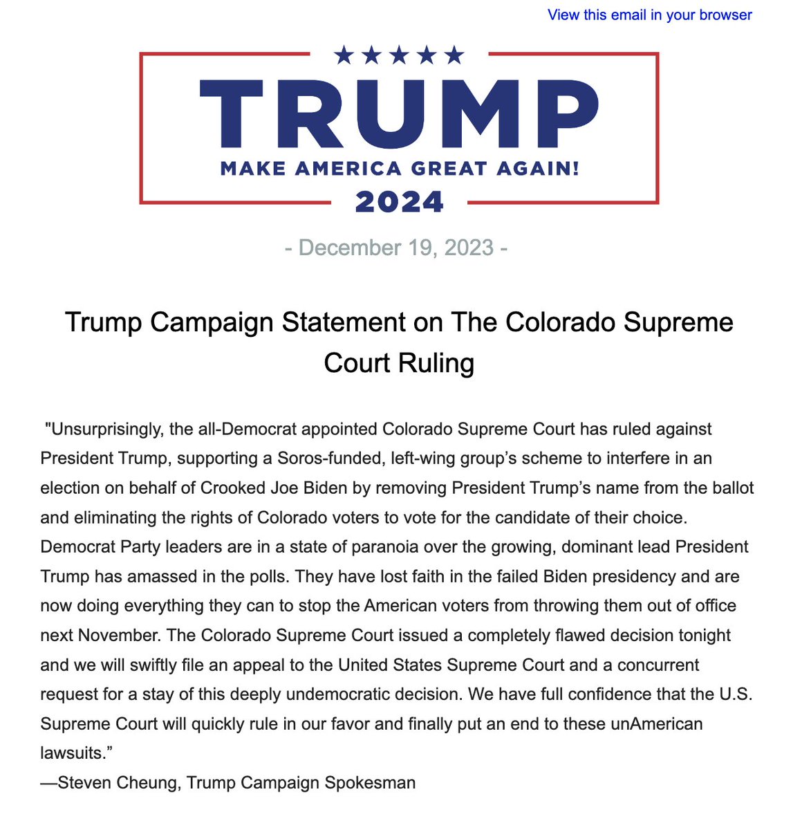 NOW: Trump's response to being kicked off the ballot in Colorado . . . He will 'swiftly file an appeal' to the U.S. Supreme Court.