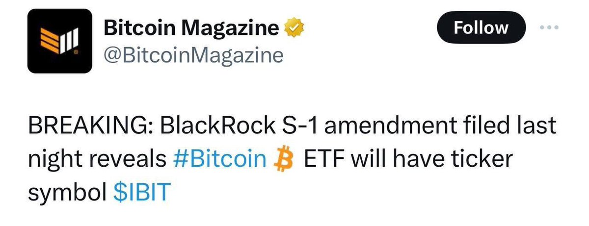 <a href="/ianheinischmma/">Ian Heinisch</a> $IBIT is a bullish narrative. Official tricker for #BitcoinETF and news is spreading like wild fire. First crypto ticker that will be listed on the Nasdaq. 
<a href="/IBITct/">$IBIT Official | Ticker of Blackrock Bitcoin ETF</a>