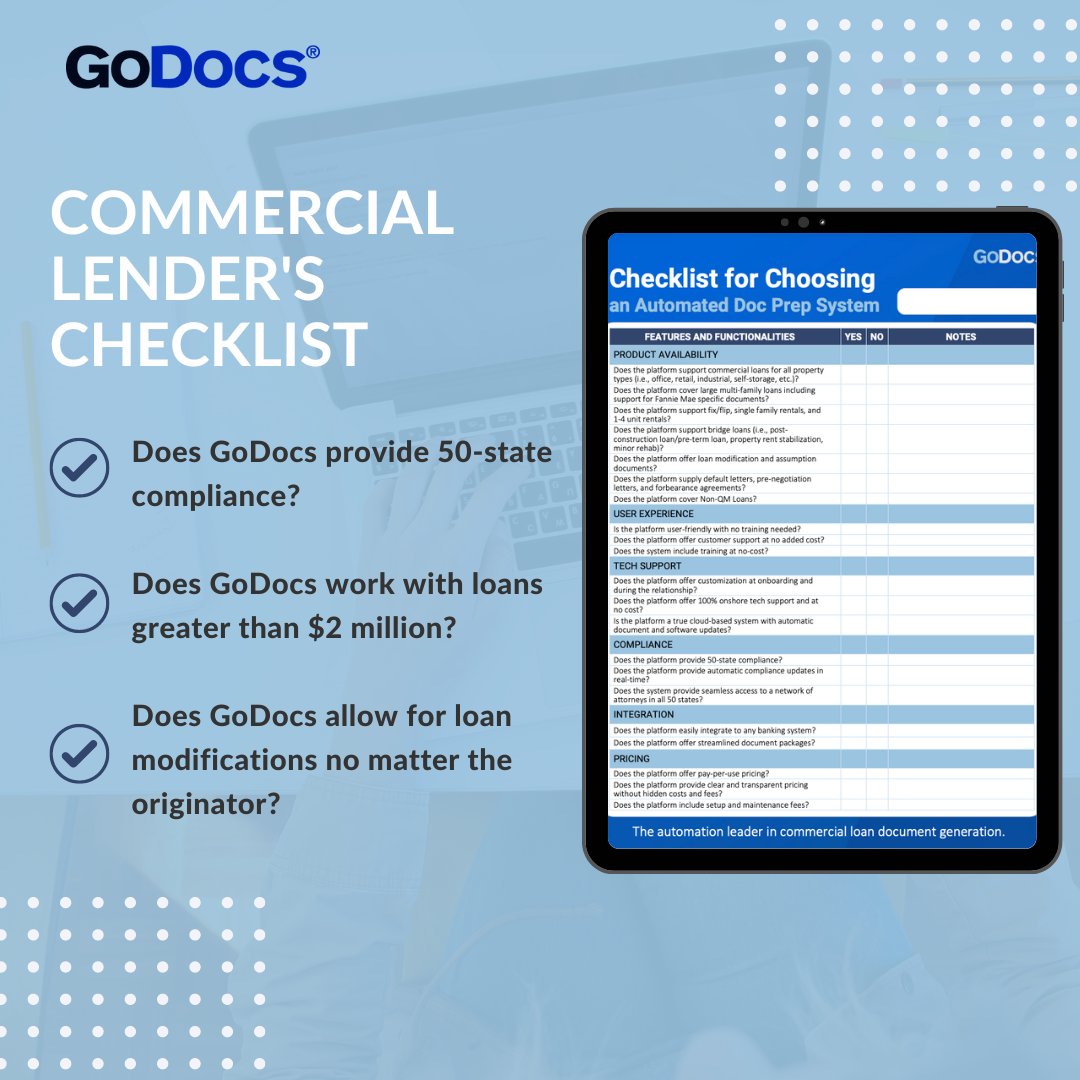 1GoDocs's tweet image. Does GoDocs provide 50-state compliance? ✅ YES
Does GoDocs work with loans greater than $2 million? ? ✅ YES

Join the #GoDocs powerhouse. 🐎💪 Download for free now ➡️ godocs.com/automated-doc-…
#commerciallending #automation #loandocs