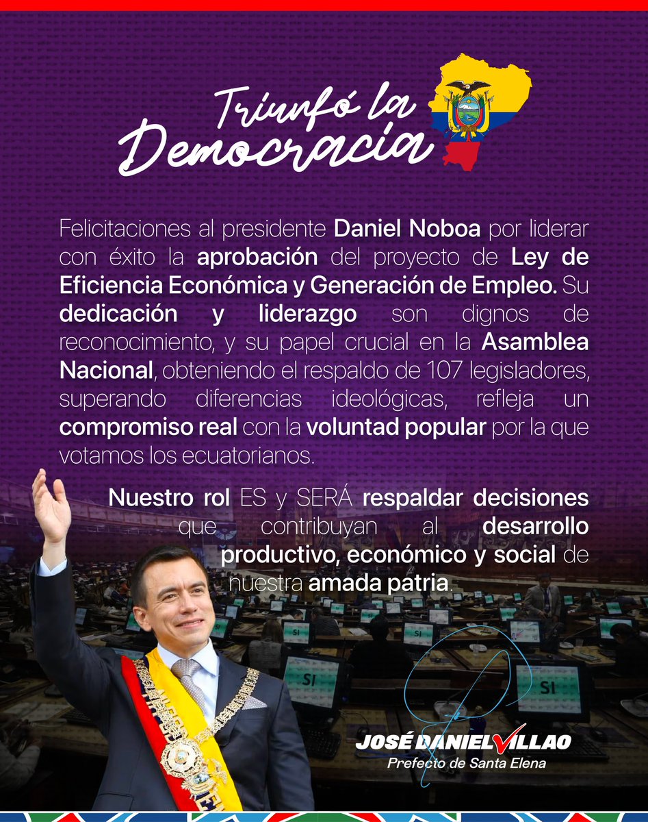 Jose Daniel Villao (@jdanielvillao) on Twitter photo Una victoria contundente a favor del crecimiento productivo, económico y social de nuestra amada patria. 🇪🇨 Destacado logro estimado presidente <a href="/DanielNoboaOk/">Daniel Noboa Azin</a> Una victoria contundente a favor del crecimiento productivo, económico y social de nuestra amada patria. 🇪🇨 Destacado logro estimado presidente <a href="/DanielNoboaOk/">Daniel Noboa Azin</a>
