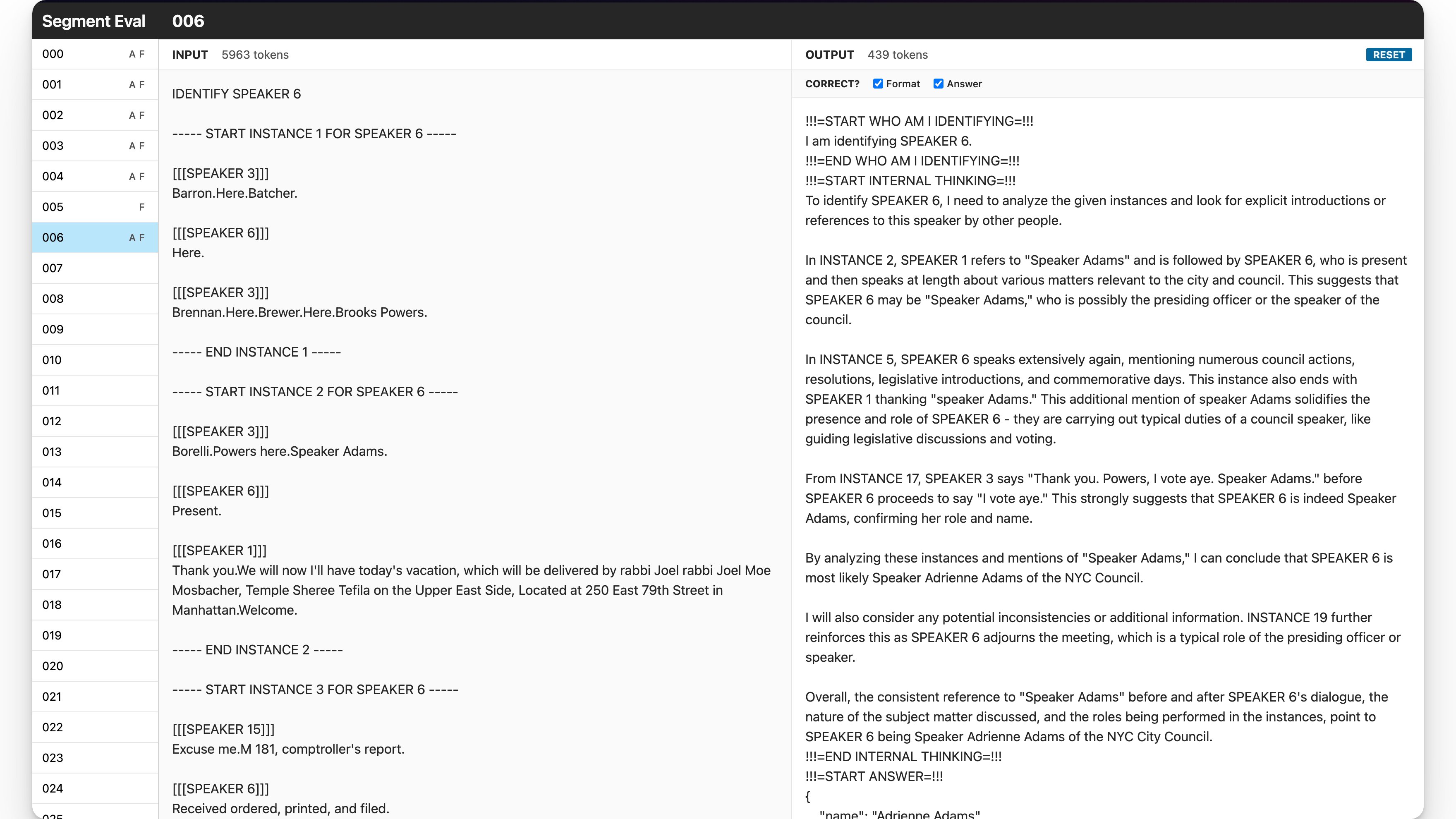 A screenshot of prompt input and output evaluation tool.