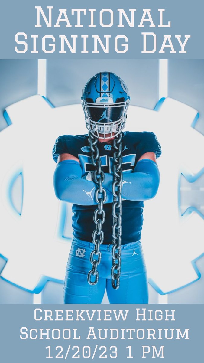 Andrew Rosinski (@andrewrosinski2) on Twitter photo Making it official tomorrow ✍️
Creekview High School Auditorium 1PM
#NationalSigningDay
<a href="/UNCFootball/">Carolina Football</a> <a href="/CoachMackBrown/">Mack Brown</a> <a href="/CoachClemUNC/">Randy Clements</a> <a href="/FtballAtTheView/">Creekview Grizzly Football</a> <a href="/CoachWilliams22/">Trevor Williams</a> <a href="/avery_white55/">Avery White</a> Making it official tomorrow ✍️
Creekview High School Auditorium 1PM
#NationalSigningDay
<a href="/UNCFootball/">Carolina Football</a> <a href="/CoachMackBrown/">Mack Brown</a> <a href="/CoachClemUNC/">Randy Clements</a> <a href="/FtballAtTheView/">Creekview Grizzly Football</a> <a href="/CoachWilliams22/">Trevor Williams</a> <a href="/avery_white55/">Avery White</a>