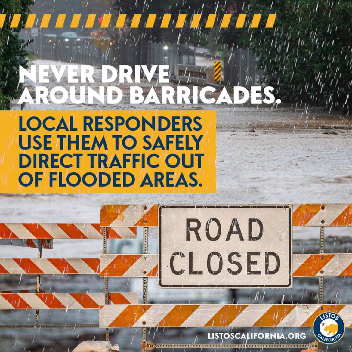 DON’T DO IT! 🙅🏽‍♀️ Never drive into flooded areas! 🚘🌊 TIP: if you need to drive, download the @CaltransHQ QuickMap app or visit QuickMap.dot.ca.gov to learn up-to-the-minute road information on traffic, closures and more. #ListosCalifornia