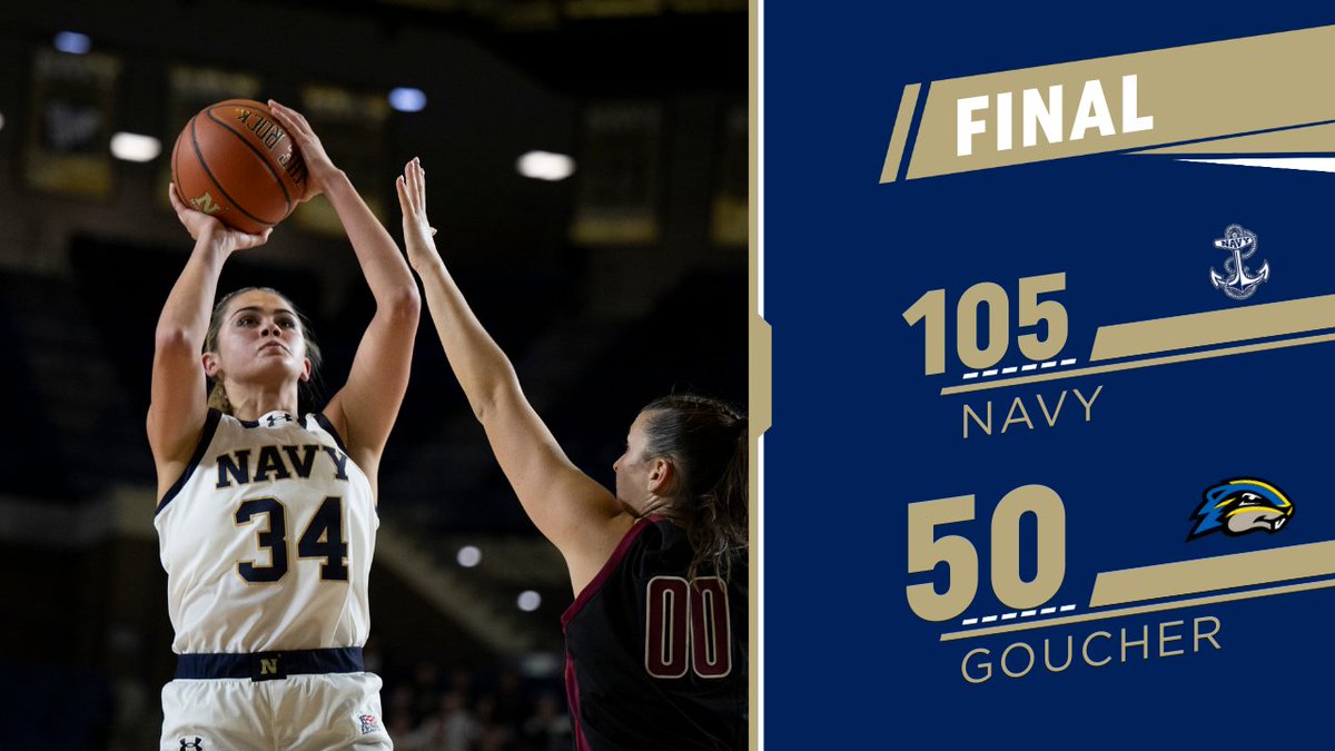 <a href="/espn/">ESPN</a> @PatriotLeagueTV Navy goes into the holiday break with a 105-50 win over Goucher!

The Mids received double-figure point outputs from Kyah Smith (23 pts), Sydne Watts (16 pts), Kate Samson (15 pts) and Toni Papahronis (11 pts).

After a slow start saw Navy up just 28-26, the Mids closed 77-24.