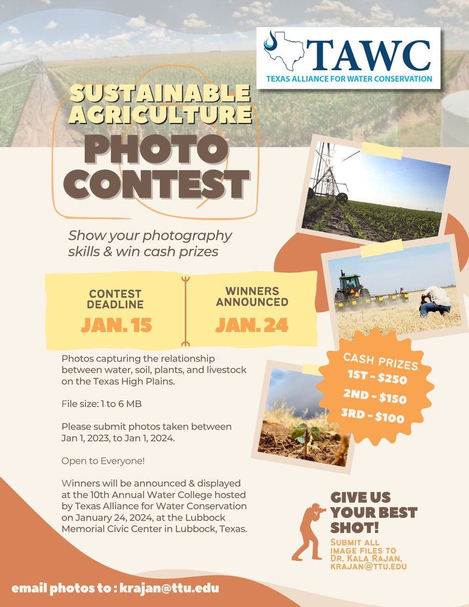 Photo Contest! Winning photos announced and displayed at our 10th Annual Water College. Open to everyone, enter by Jan. 15th. @TTUDAVISCOLLEGE @twdb @KJagadish_TTU