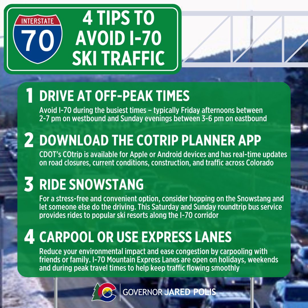 Planning to hit the slopes at one of our world-class resorts this winter? The @Coloradodot has some great tips to make it a smooth ski season commute and beat the traffic on I-70 this winter. Here’s more from CDOT: ow.ly/Zb9250Qkp4o