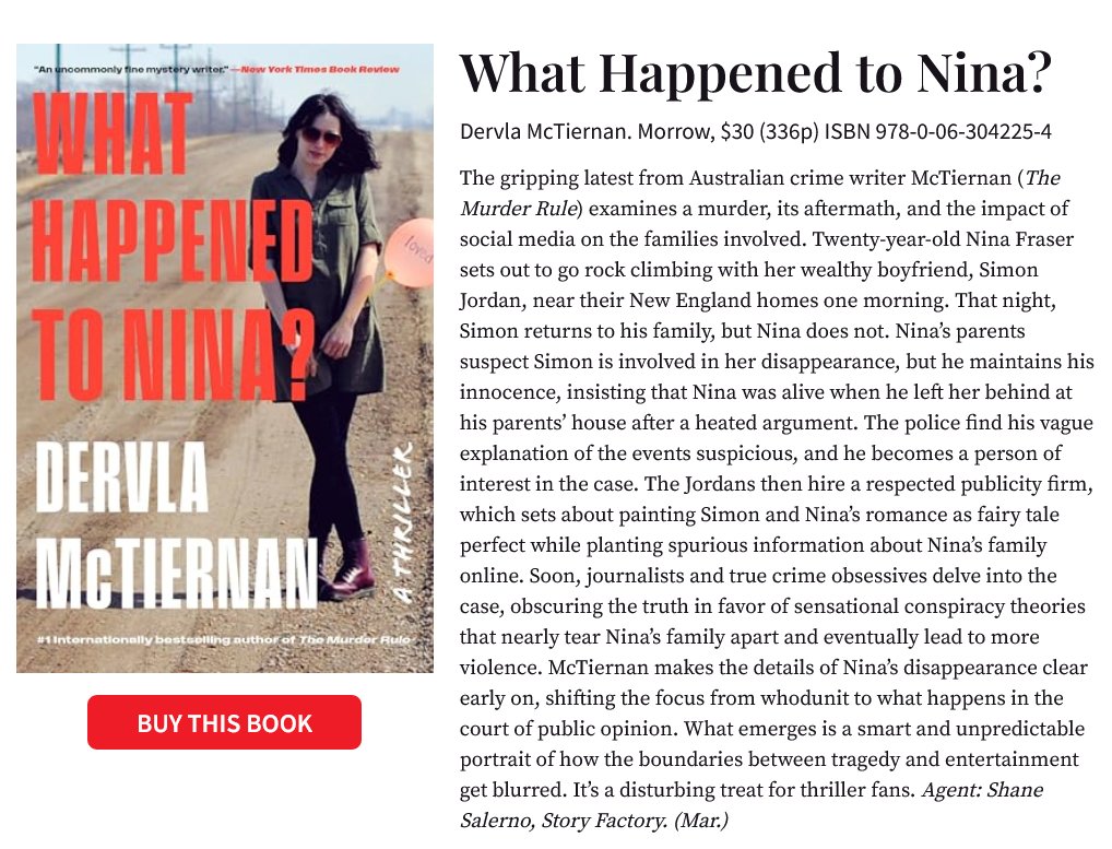 Congratulations to my fellow #TheStoryFactory author @DervlaMcTiernan on this fantastic review from @PublishersWkly today. What Happened to Nina? is an extraordinary books that sees two families go to war against each other - one to protect their son, the other to find their…