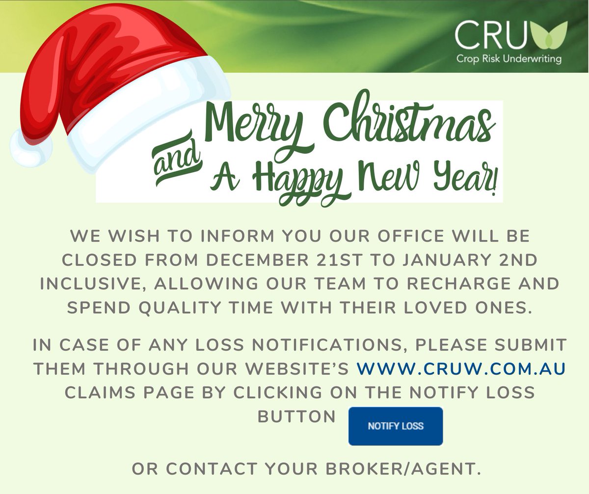 Wishing you all a lovely break!
Here's a link if you need to notify any losses or you can contact your broker/agent.

cruw.com.au/notify-a-loss/