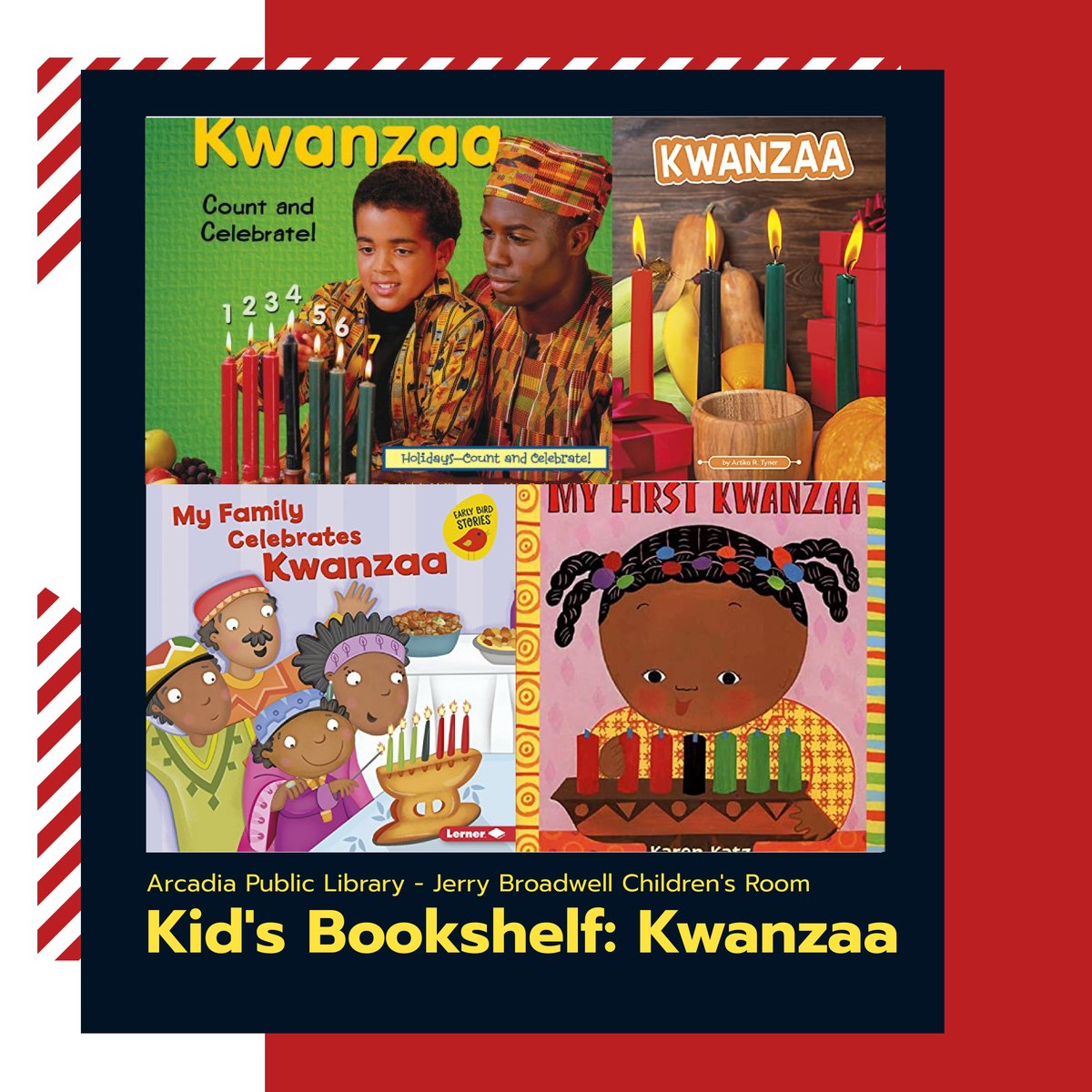 Kwanzaa is an annual celebration of African American culture from December 26 to January 1. Learn more about the holiday with these Children’s Books!  ow.ly/ZyeK50QeKwY
#Kwanzaa #childrensbooks #arcadiapubliclibrary #childrensroom