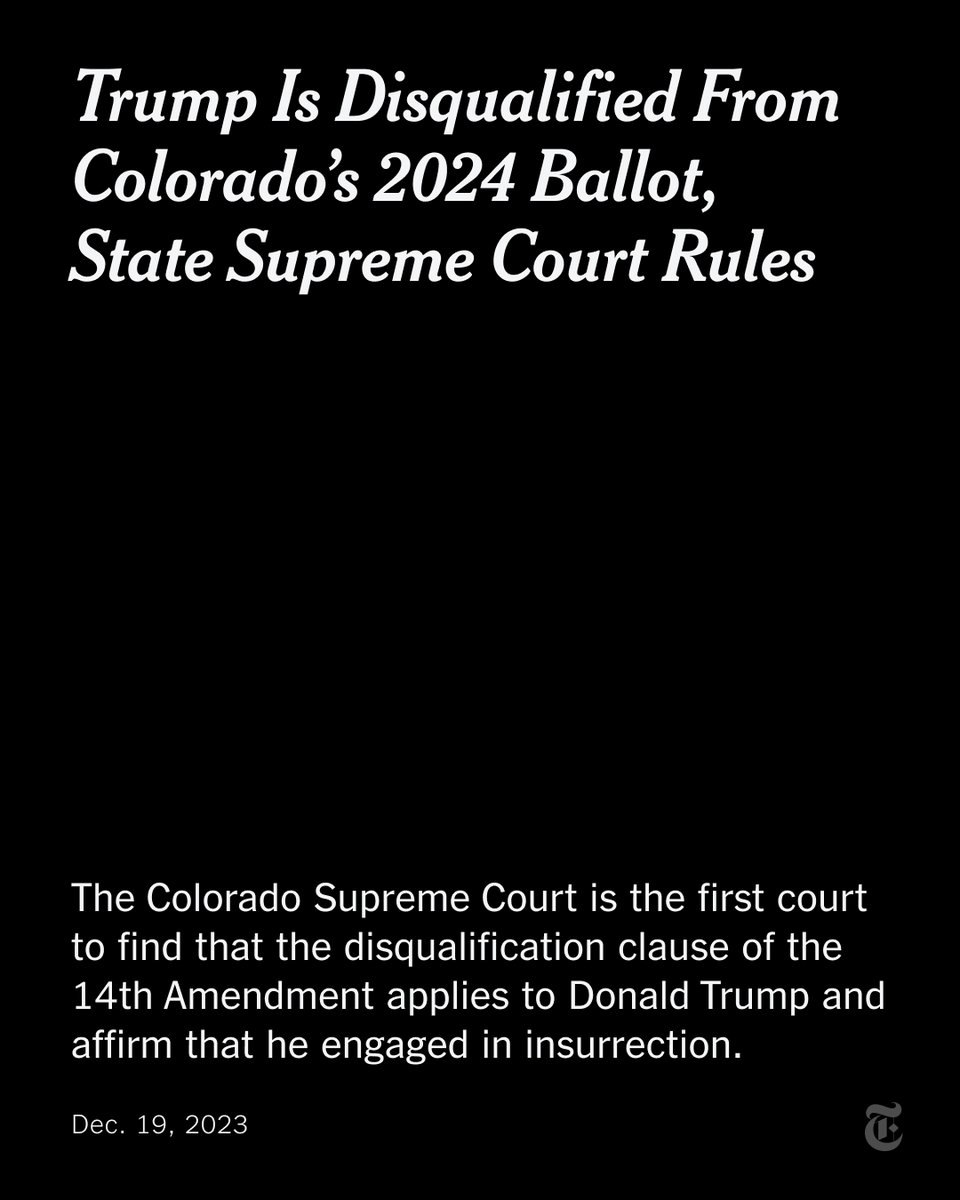 Donald Trump is ineligible to hold office again because he engaged in insurrection with his actions leading up to the Jan. 6 storming of the Capitol, Colorado’s top court ruled on Tuesday. Follow live updates: nyti.ms/3RTqBAc